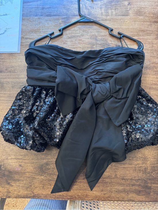 LoveShackFancy Tops - Black Strapless Sequin Bow Bustier Top